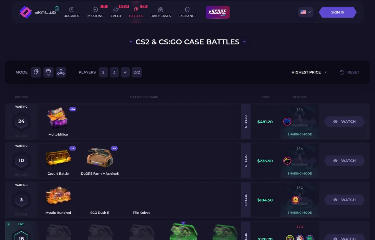 The SkinClub case battles lobby list with rounds, cost and player slots