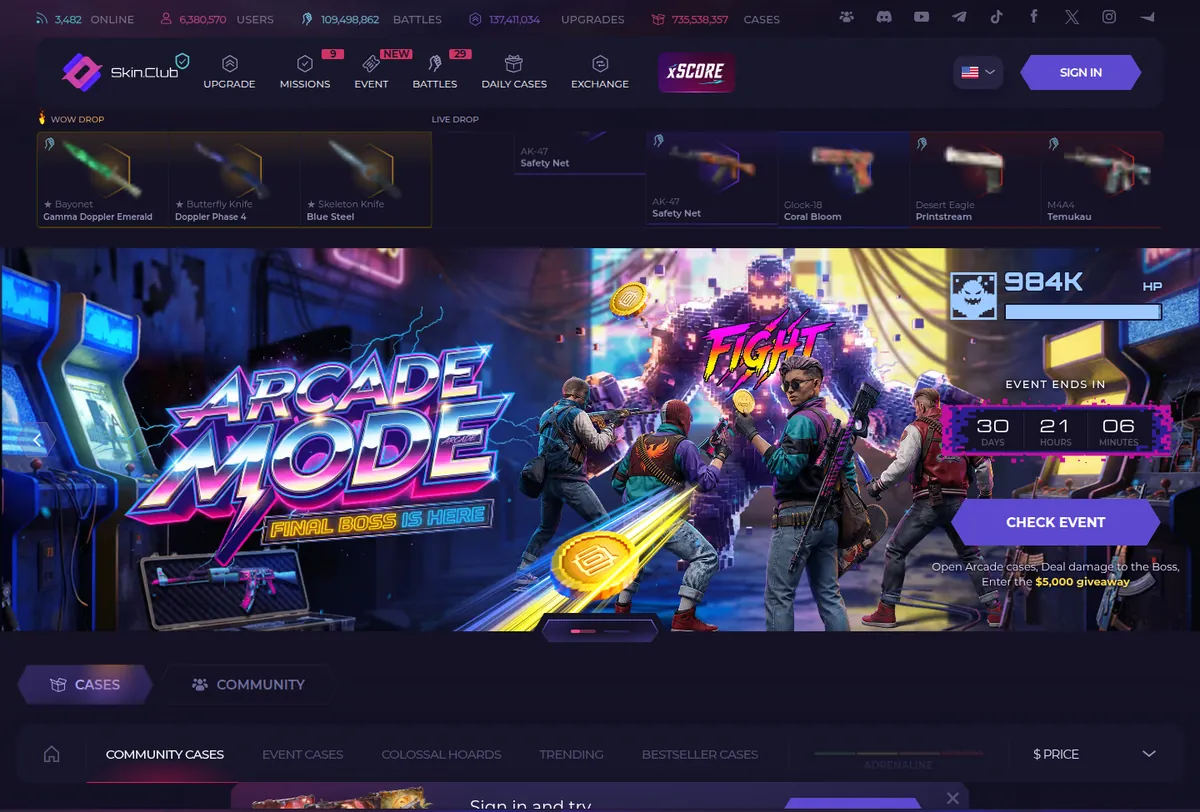 The SkinClub home page with the live drop feed and case catalogue
